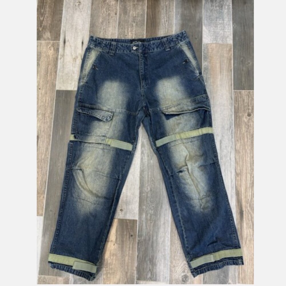 VINTAGE STUB WIDE LEG Y2K SKATER CARGO KNEE FADE HIP HOP BLUE JEANS 42 X 33